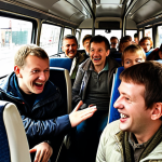 **

A crowded "marshrutka" (minibus) in Moscow, filled with people. The driver is gesturing with a smile, making a joke about the heavy traffic. Passengers are laughing and nodding in agreement. The overall feel is one of shared frustration and camaraderie. Style: Photojournalistic, candid.

**