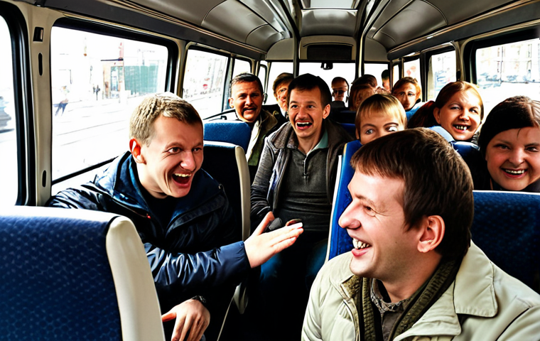 **
A crowded "marshrutka" (minibus) in Moscow, filled with people. The driver is gesturing with a smile, making a joke about the heavy traffic. Passengers are laughing and nodding in agreement. The overall feel is one of shared frustration and camaraderie. Style: Photojournalistic, candid.
**