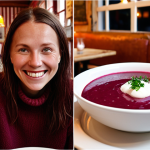 **Image of a person in a cozy, rustic restaurant in Sweden, looking at a plate of "Borscht" (red beet soup). The person is smiling and the scene evokes a feeling of satisfaction and warmth. Focus on the details of Swedish restaurant decor.**