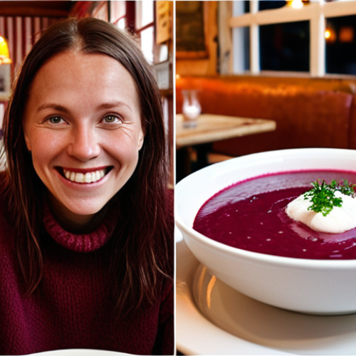 **Image of a person in a cozy, rustic restaurant in Sweden, looking at a plate of "Borscht" (red beet soup). The person is smiling and the scene evokes a feeling of satisfaction and warmth. Focus on the details of Swedish restaurant decor.**