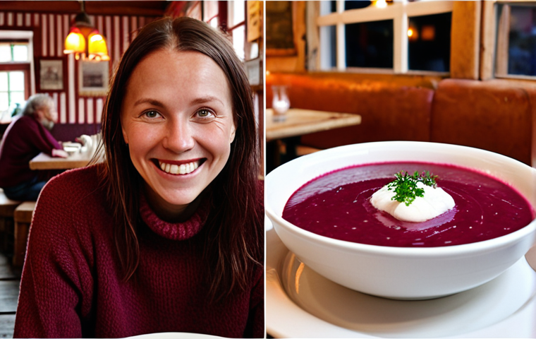 **Image of a person in a cozy, rustic restaurant in Sweden, looking at a plate of "Borscht" (red beet soup). The person is smiling and the scene evokes a feeling of satisfaction and warmth. Focus on the details of Swedish restaurant decor.**